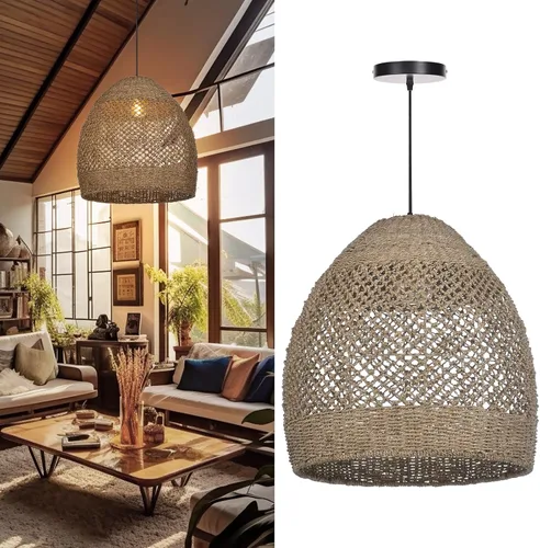 Vista 8 de Arturesthome Lámpara colgante tejida, moderna lámpara colgante bohemia con pantalla de ratán tejida a mano, lámpara colgante costera de granja