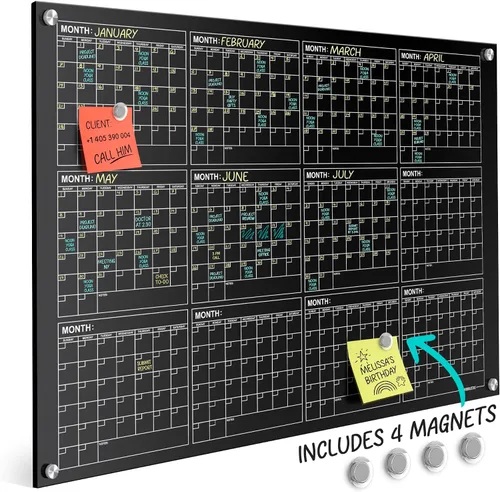 Vista 5 de Pizarra blanca magnética negra de vidrio de 34 x 46 pulgadas, calendario anual, pizarra blanca, calendario de borrado en seco para pared, pizarra