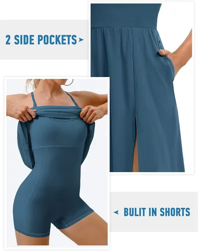 Vista 2 de Vestido atlético con pantalones cortos integrados y brasier con tirantes ajustables, vestido de entrenamiento para tenis, golf, vestidos midi