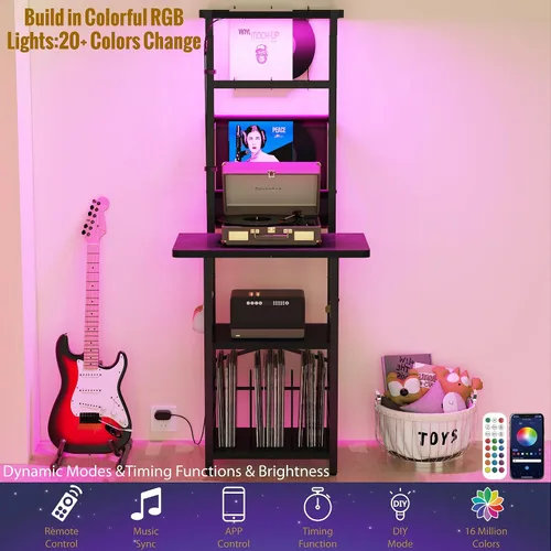 Vista 6 de YAKANJ Soporte para tocadiscos con luz LED, mesa para tocadiscos con almacenamiento de vinilos, soporte para tocadiscos con estante de exhibición