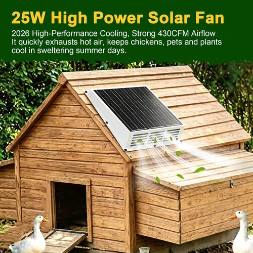 Vista 4 de Ventilador solar de 25 W para gallinero, ventilador de escape solar de 430 CFM con cable adaptador de corriente para ático, cobertizo de perro