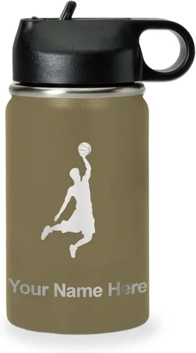 Vista 25 de LaserGram Botella de Agua Personalizada, Basketball Slam Dunk Man, Acero Inoxidable de Doble Pared con Aislamiento al Vacío con Pajita Abatible