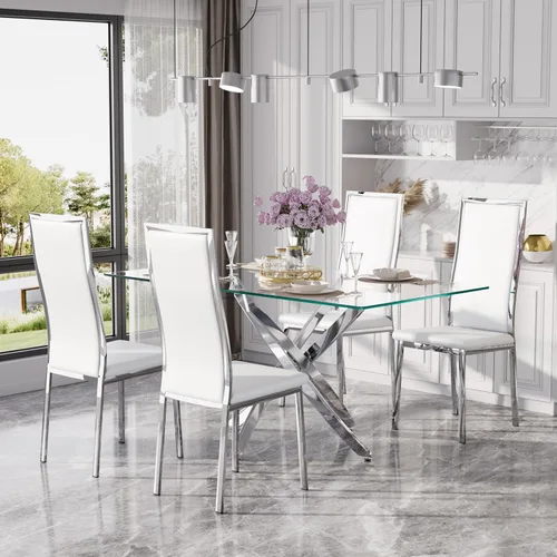 Vista 14 de Juego de mesa de comedor de cristal dorado moderno de 63 pulgadas para 6, juego de mesa de cocina rectangular de 7 piezas con patas de acero Negro