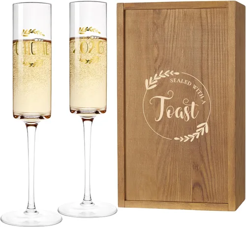 Vista 9 de AW BRIDAL - Juego de 2 copas de champán de aniversario con caja de madera Aniversario (marrón)