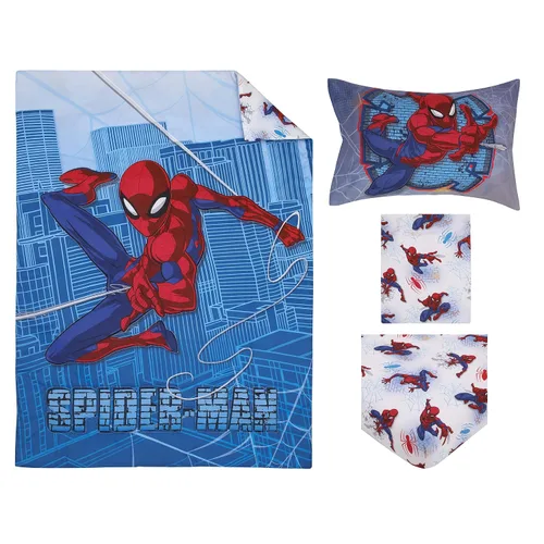 Vista 8 de Disney Marvel Spiderman Wall Crawler - Juego de ropa de cama infantil de 4 piezas con telarañas rojas, blancas y azules, edredón, sábana bajera