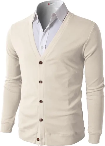Vista 12 de H2H Cárdigans casuales ajustados para hombre, cuello en V, diseño básico, manga larga, con botones Gris