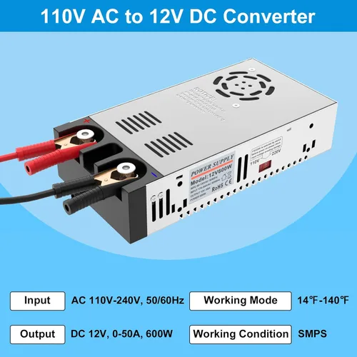 Vista 2 de IMAYCC Convertidor de CA a CC Universal 110V/120V a 12V Convertidor Fuente de alimentación de 12V CC (12V-50A-600W)