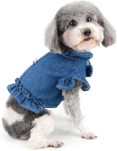 Vista 7 de Zunea Vestidos de arnés de mezclilla para perros pequeños y niñas, chaleco para perro, arnés de princesa con falda con anillo en D, ropa de verano