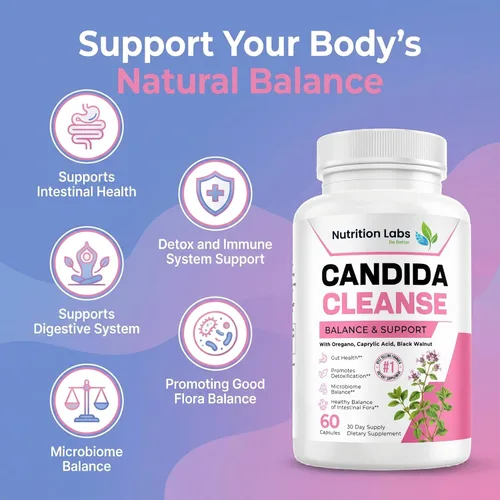 Vista 7 de Suplemento Candida Cleanse para equilibrio y apoyo, desintoxicación de candidasa, mujeres y hombres. Salud intestinal y flora, nivel de pH, salud