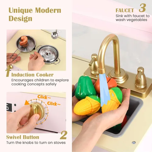 Vista 2 de INFANS Juego de cocina para niños, juego de juguetes de cocina de madera para niños pequeños con tablero de dibujo acrílico, máquina de hielo
