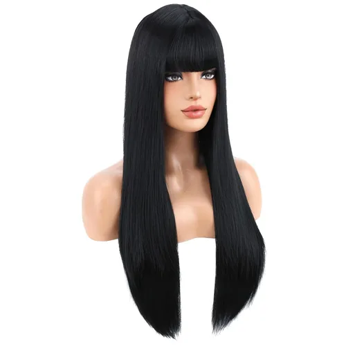 Vista 3 de BERON Pelucas negras de cabello largo liso con flequillo, para mujer, a la moda, resistente al calor, sintético, aspecto natural, para fiesta