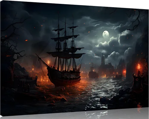 Vista 14 de TutuBeer 3 Piezas Arte de Pared Batalla Naval Barco Imagen Barco Pirata Velero Póster Barco Pirata Azul en Llamas Imagen Impresa en Lienzo Póster