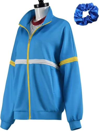 Vista 2 de Gionli Disfraz de Stranger Max para adultos, chaqueta de Halloween, uniforme escolar, sudadera con coletero, Azul