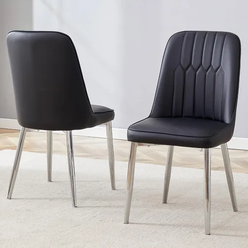 Vista 39 de Juego de 2 sillas de comedor modernas, color negro, sillas de cocina de piel sintética, sillas laterales tapizadas con patas de metal, sillas sin