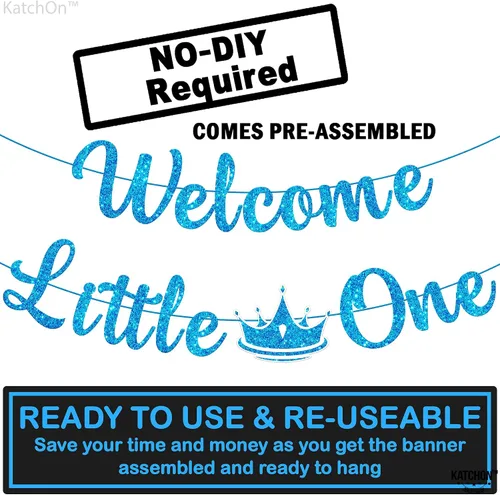 Vista 2 de KatchOn Cartel de bienvenida con purpurina Little One - Azul, 10 pies, sin bricolaje Cartel de bienvenida para decoración de baby shower para bebé