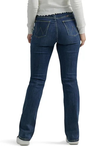 Vista 3 de Wrangler Jeans de bota de tiro alto para mujer, Cabaña Cobalto Plaid