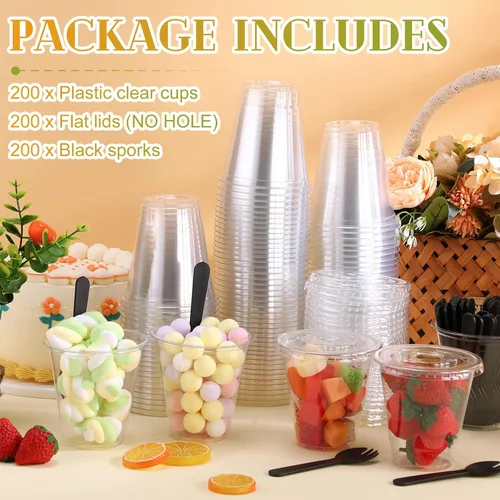 Vista 5 de Paquete de 200 Vasos de Plástico Transparente de 12 oz para Postre Yogur Parfait Pudín de Plátano Tazas Desechables PET con 200 Piezas Cucharas