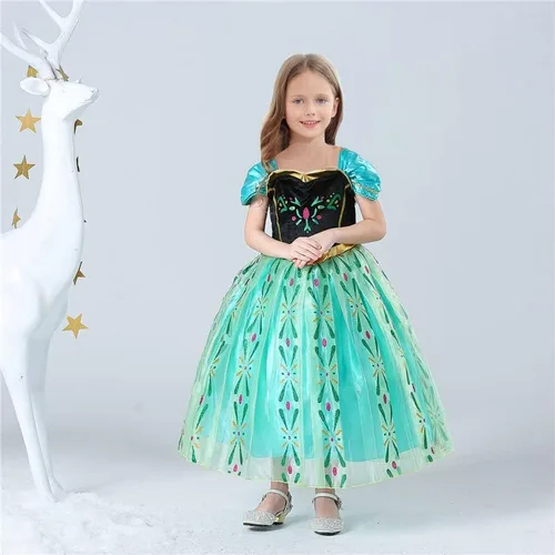 Vista 5 de Avady Girls Princess Costumes for Frozen Anna Birthday Party Halloween Christmas Dress Up Green