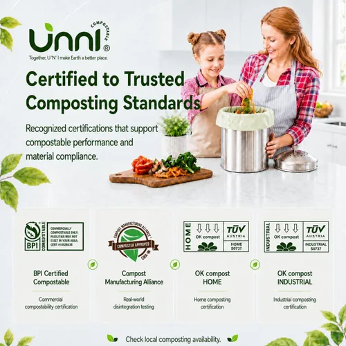 Vista 6 de Bolsas de camiseta compostables UNNI con asas de lazo, 1.6 galones / 6 litros, 50 unidades, forros de cajón de cocina pequeños de 0.64 mil