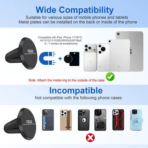Vista 9 de Mini soporte de teléfono de aleación de aluminio para ventilación de automóvil, imán súper fuerte N52, universal, compatible con iPhone 17 Negro