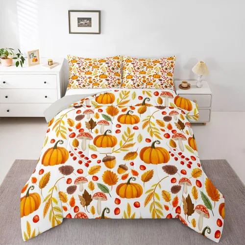Vista 38 de Erosebridal Juego de edredón individual de pavo de Acción de Gracias, juego de ropa de cama de calabaza con hojas de otoño para niños y adultos