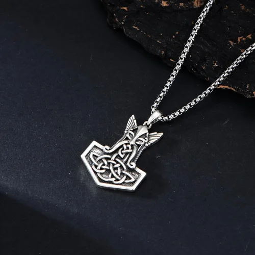 Vista 4 de Collar vikingo para hombre, plata de ley 925, lobo vikingo, martillo de Thors, vegvisir, árbol de la vida, brújula, colgante nórdico, amuleto