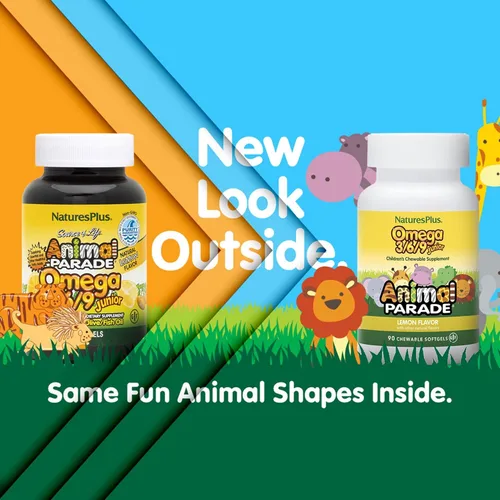 Vista 2 de NaturesPlus Animal Parade Omega 3/6/9 Junior, sabor a limón, 90 cápsulas blandas, promueve la salud inmunológica, de la piel, los ojos y el sistema