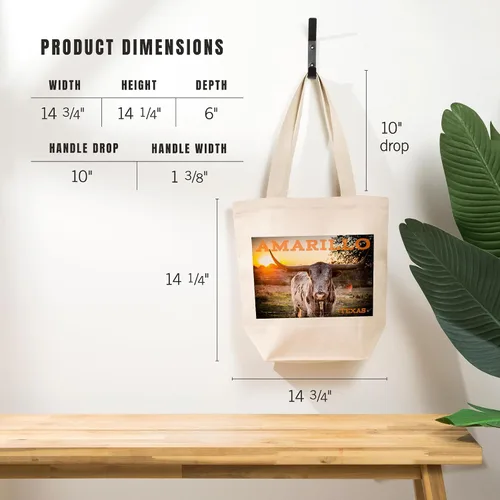 Vista 5 de Lantern Press Amarillo, Texas, Longhorn and Sunset (100% Cotton Canvas Reusable Tote Bag)