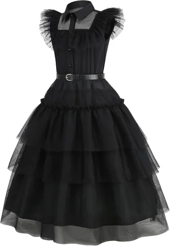 Vista 3 de LAUPHIE Disfraz de miércoles para niñas, vestido de miércoles, disfraz negro para niñas con collar, calcetines, cinturón.