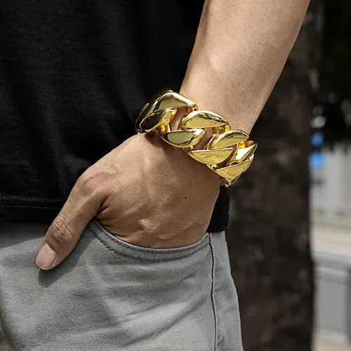 Vista 3 de ROWIN&CO Jewelry - Enorme pulsera gruesa de 1.260 in para hombre, resistente, chapado en oro amarillo de 18 quilates, cadena cubana de acero