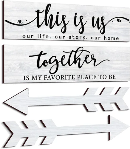 Vista 8 de Jetec 4 piezas de flecha de madera para decoración de pared con texto en inglés "This Is Us Our Life" (This Is Us Our Life) para decoración de pared
