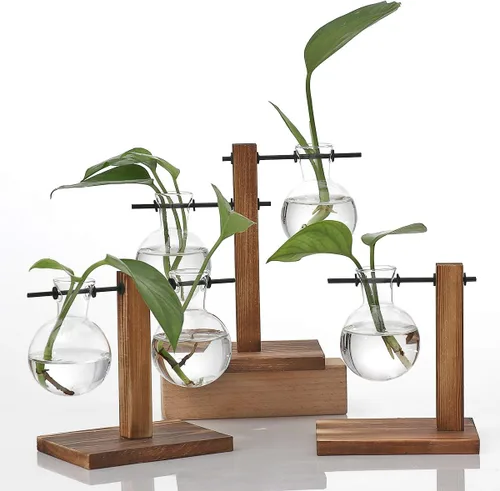 Vista 4 de Kingbuy Florero de Bulbo de Vidrio Macetero Terrario de Plantas de Escritorio con Soporte Retro de Madera Sólida para Propagación Hidropónica