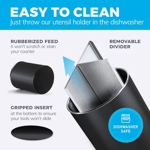 Vista 3 de Cooler Kitchen Portautensilios Giratorio Negro Extra Grande de Acero Inoxidable con Base Pesada Resistente Antivuelco, Divisor Extraíble e Inserto