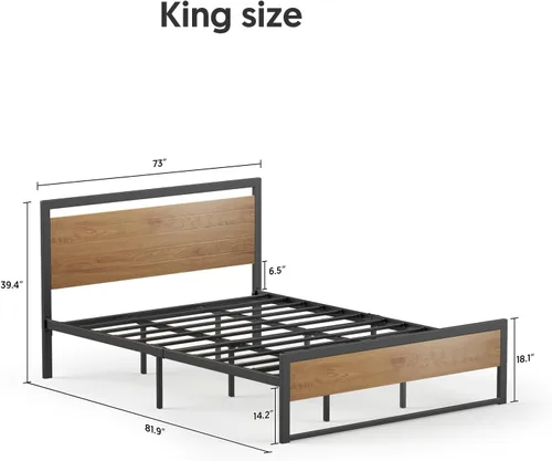 Vista 3 de BONSOIR Marco de cama tamaño King con plataforma de acero estable con cabecero/estribo de madera (tamaño King)