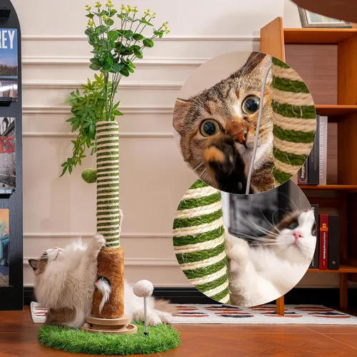 Vista 4 de Poste rascador para gatos de 39 pulgadas de alto con bola interactiva y agujero para el mouse para gatos adultos de interior, cuerda de sisal, torre