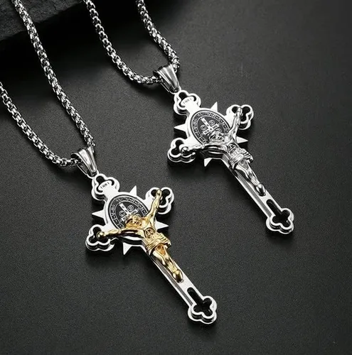 Vista 3 de JISAAN ST.Benedict - Collar con colgante de poder cruzado de protección, collar de medalla de protección de San Benito, collar de crucifijo de acero