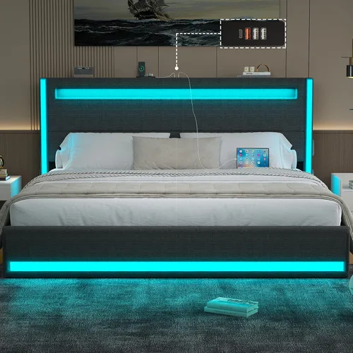 Vista 12 de Marco de cama Queen con cabecero, marco de cama LED tapizado, sin somier Base de cama tapizada tamaño queen con estación de carga tipo C y USB