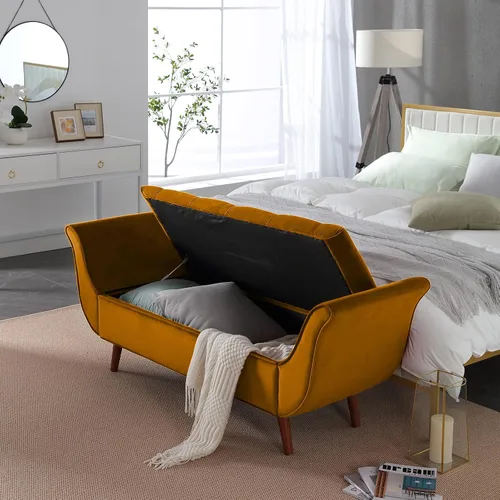 Vista 3 de Banco de almacenamiento de terciopelo para dormitorio otomano, banco de cama tapizado con botones para dormitorios, tamaño King con brazos