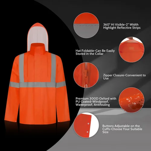 Vista 33 de TCCFCCT Chaqueta de lluvia de alta visibilidad para hombre, impermeable, abrigo de lluvia de alta visibilidad para hombres y mujeres con capucha