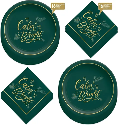 Vista 2 de HOME & HOOPLA Platos y servilletas de papel grandes para fiesta de Navidad, diseño calmado y brillante en verde y dorado moderno (para 16 personas)