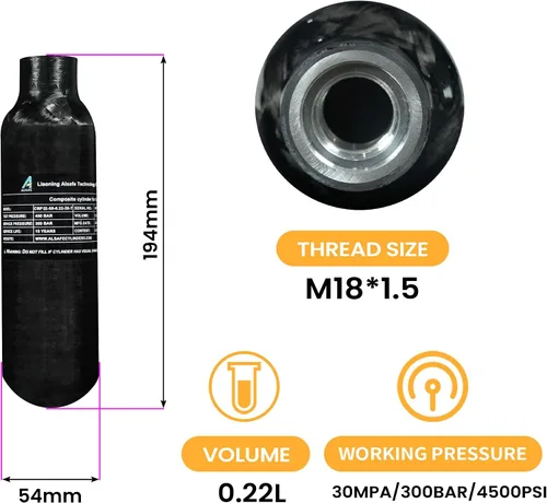 Vista 2 de TUXING 4500Psi 13Cu en cilindro de gas de fibra de carbono de 220cc 0.22L, tanque HPA, paintball caza PCP Air Rifle Gun Daystate y FX Thread M18* 1.5