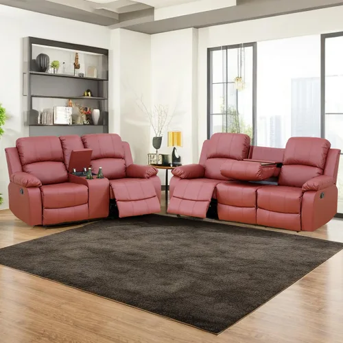 Vista 15 de Sofá reclinable manual de cuero para muebles de sala de estar, sofá reclinable de 78 pulgadas con mesa abatible, portavasos y sofá de cuero