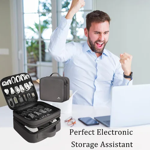 Vista 8 de MATEIN - Bolsa organizadora de cables con divisor ajustable, almacenamiento electrónico para DJ Cable File Bag, Charger Organizer Box, Double Gris
