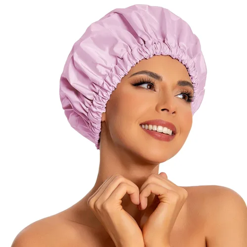Vista 35 de Gorro de ducha reutilizable para mujer, grande, impermeable, lavable, banda elástica, accesorios de baño, sombrero para cabello largo, trenzas Beige