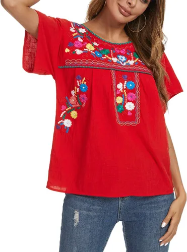 Vista 2 de YZXDORWJ - Cómoda blusa mexicana bordada de verano y sin mangas para mujer