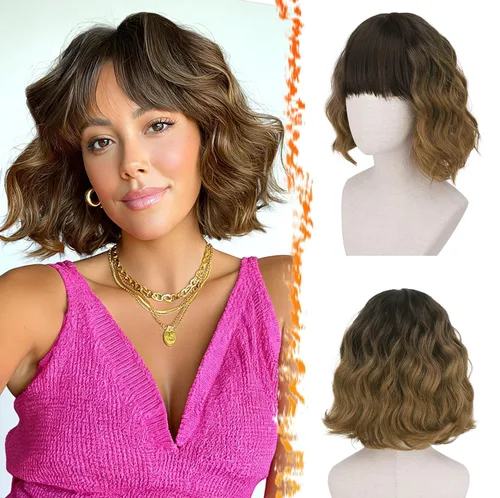 Vista 11 de BARSDAR Peluca corta ondulada con reflejos castaño, peluca corta ondulada con flequillo para mujer, gruesa, suave, sintética, texturizada, rizada