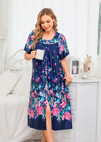 Vista 2 de YOZLY Vestido de casa para mujer, de manga corta, abrigo de casa con bolsillos