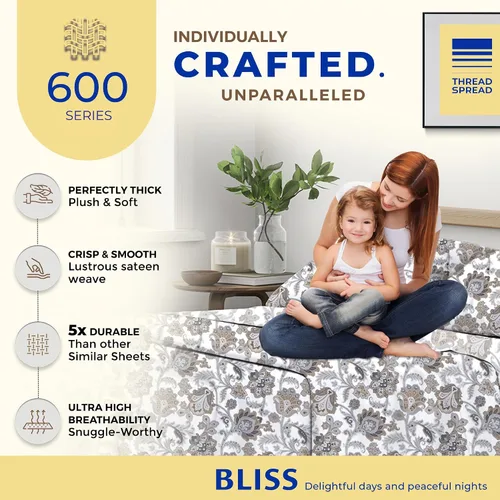 Vista 5 de THREAD SPREAD Sábanas de Cama Impresas de Algodón Egipcio 100% - Juego de Sábanas de 3 Piezas Tamaño Twin XL de 600 Hilos, Sábanas de Satén de Lujo