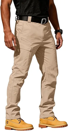 Vista 11 de Pantalones tácticos tipo cargo para hombre, repelentes al agua, pantalones de trabajo Ripstop, reforzados hasta la rodilla, cintura elástica,