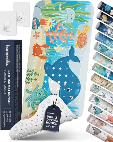 Vista 24 de Homerella - Alfombrilla de baño antideslizante y antideslizante para niños, 40 x 16 pulgadas, sin BPA, incluye 2 ganchos, tapete de ducha lavable